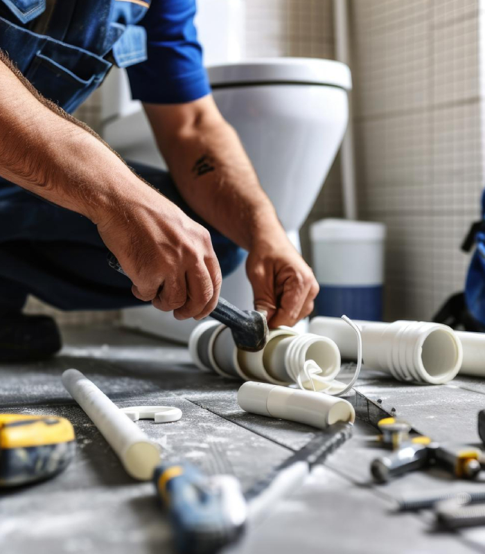 Plombier intervenant sur des raccords et canalisations sanitaires dans une salle de bains